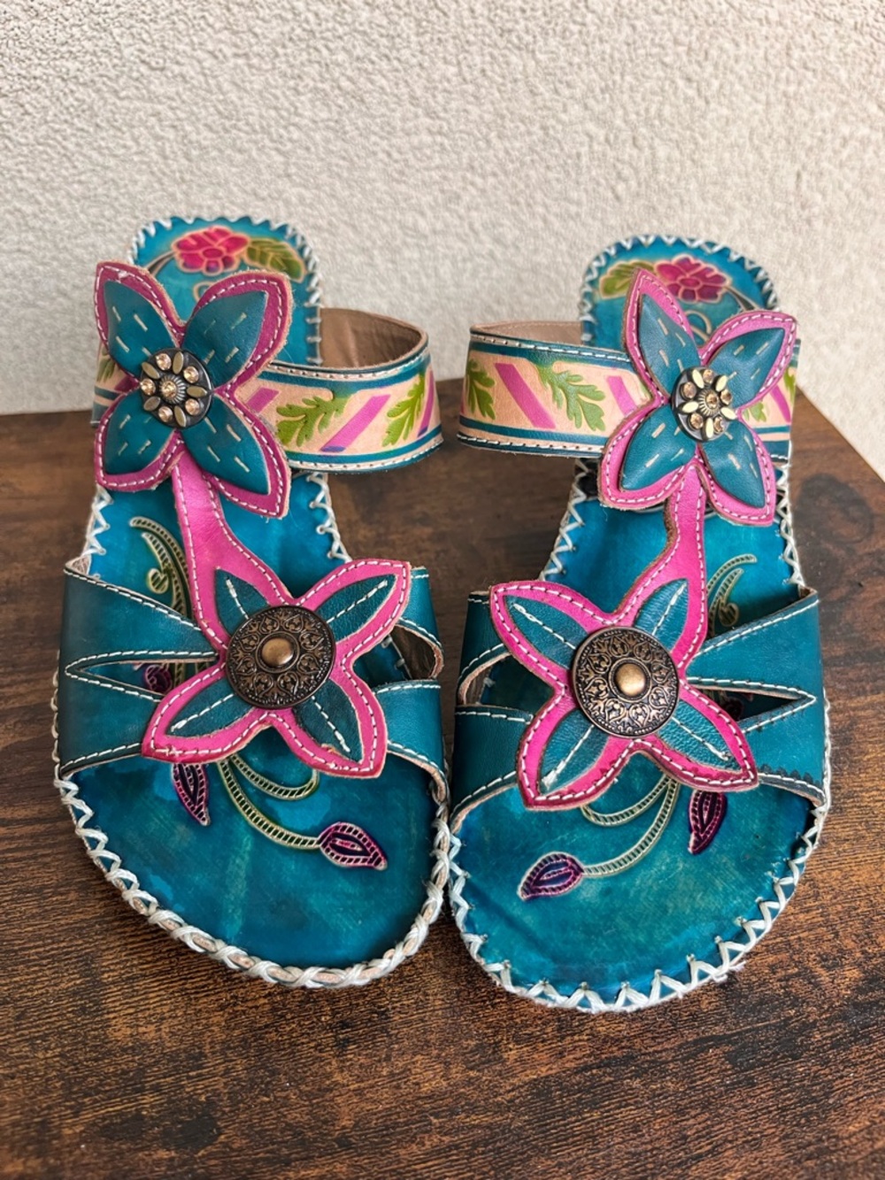 Colorful Teal Sandals with Pink Floral Accents